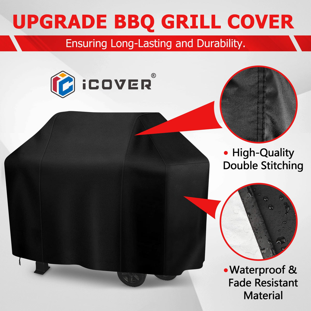 i COVER Grill Cover, 58 inch BBQ Grill Cover for Outdoor Grill, Anti-UV & Fade Resistant Gas Grill Cover, Waterproof Barbecue Grill Covers for Weber, Char-Broil, Nexgrill and More, Black
