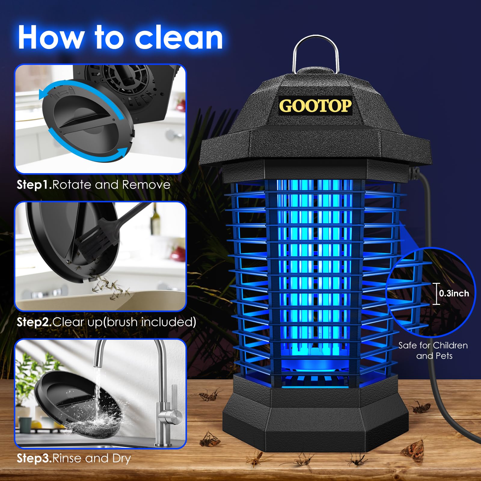 GOOTOP Bug Zapper Outdoor, Mosquito Zapper, 4200V 3 Prong Plug in Electric Fly Zapper, Mosquito Killer, Fly Traps, Flying Insects Zapper Indoor Outdoor, ABS Plastic Outer (Black)