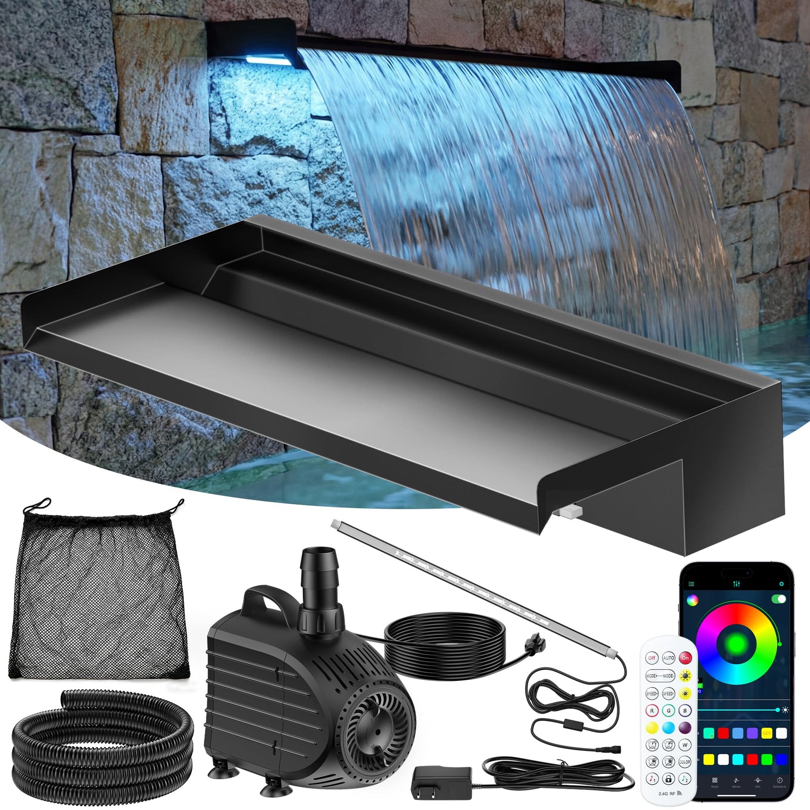 POPOSOAP Pond Waterfall Kit with Colorful LED Lights & 1200GPH Pond Pump, APP & Remote Control, Auto Timer, Pond Waterfall Spillway with 9.8FT Corrugated Tube for Pool, Garden, Patio, Backyard-P46D