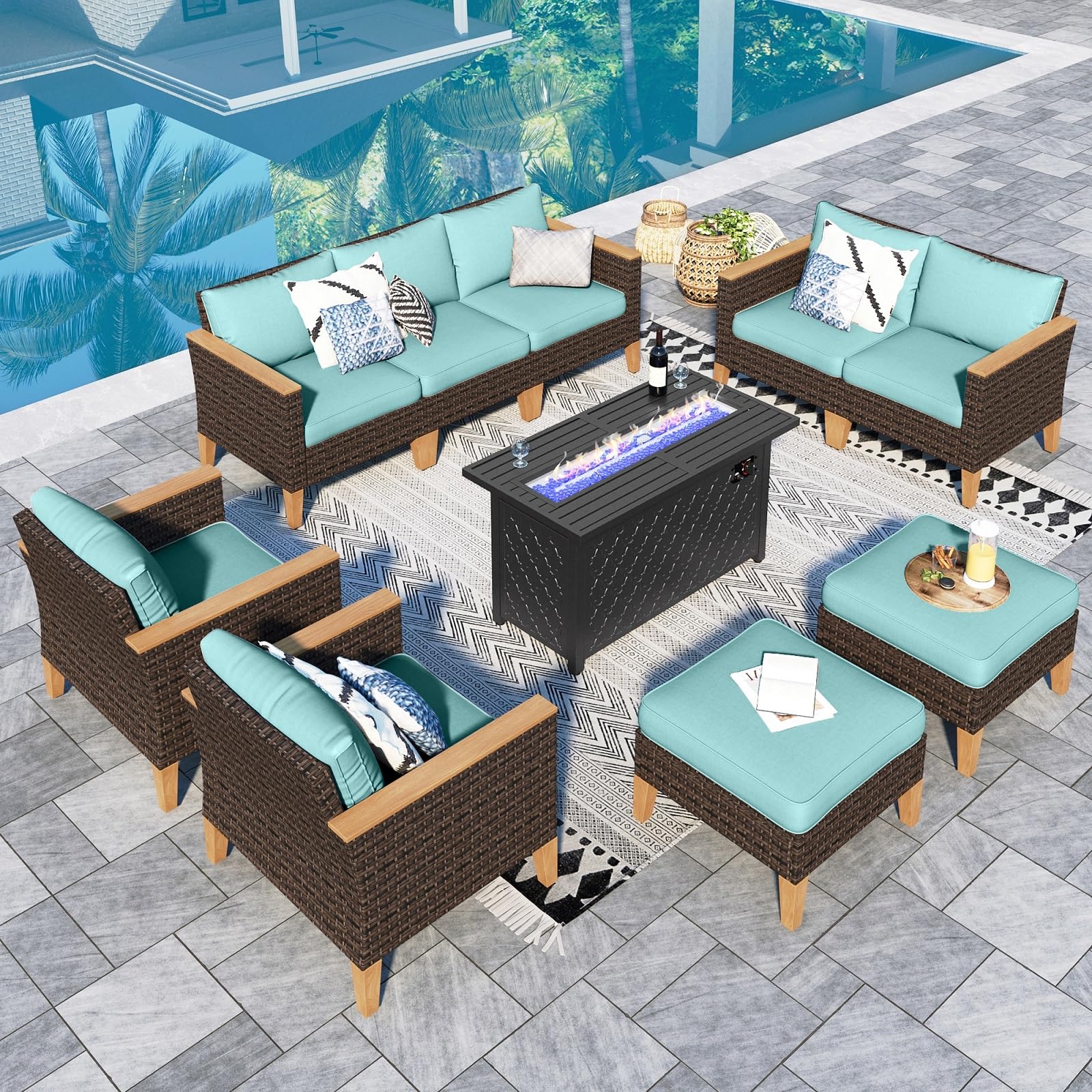 Sophia & William Patio Furniture Set with 45" Fire Pit Table, 10 Piece Outdoor Wicker Furniture