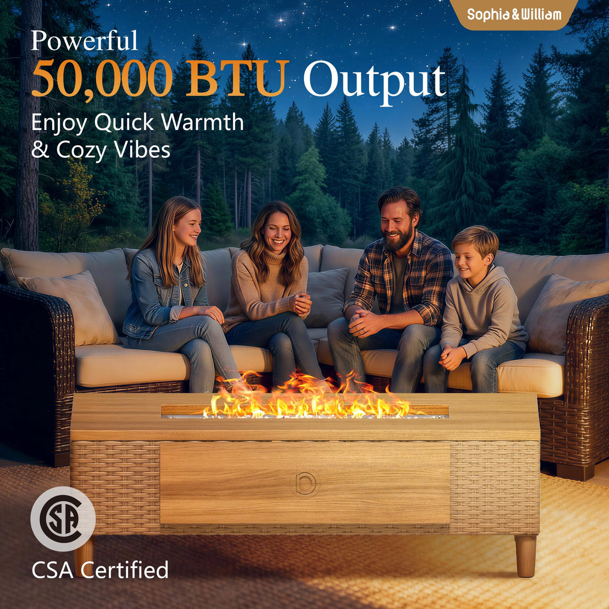 Sophia & William 42 Inch Outdoor Propane Gas Fire Pit Table Patio Rattan 50,000 BTU