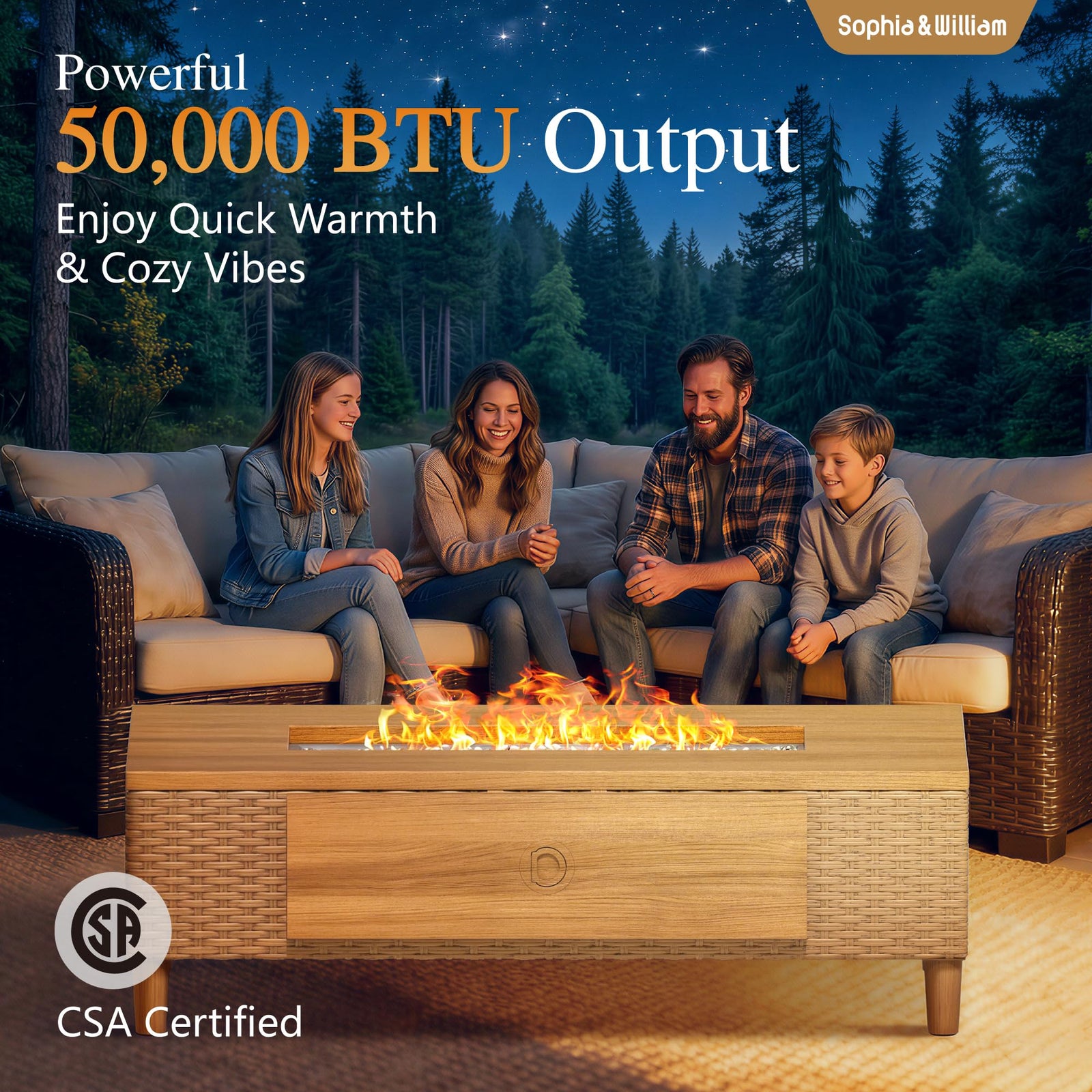Sophia & William 42 Inch Outdoor Propane Gas Fire Pit Table Patio Rattan 50,000 BTU