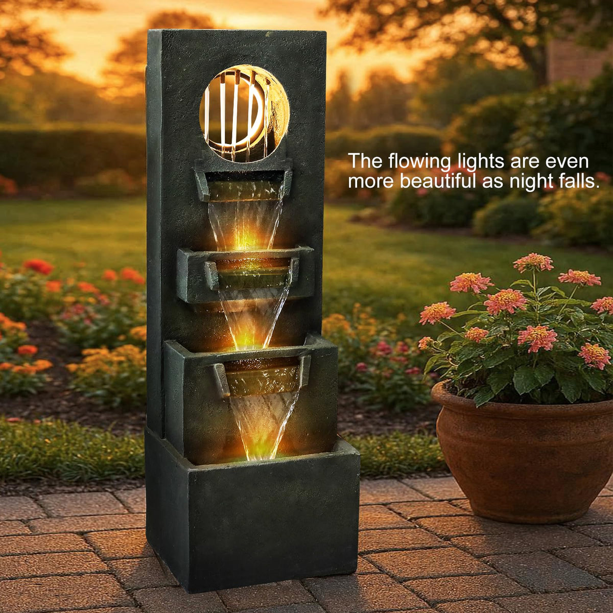 Naturefalls 39.3” Modern Outdoor Fountain - 4-Tiered Outdoor Garden Fountains with Contemporary Design&LED Light for Garden, Patio, Deck, Porch, Backyard and Home Art Decor