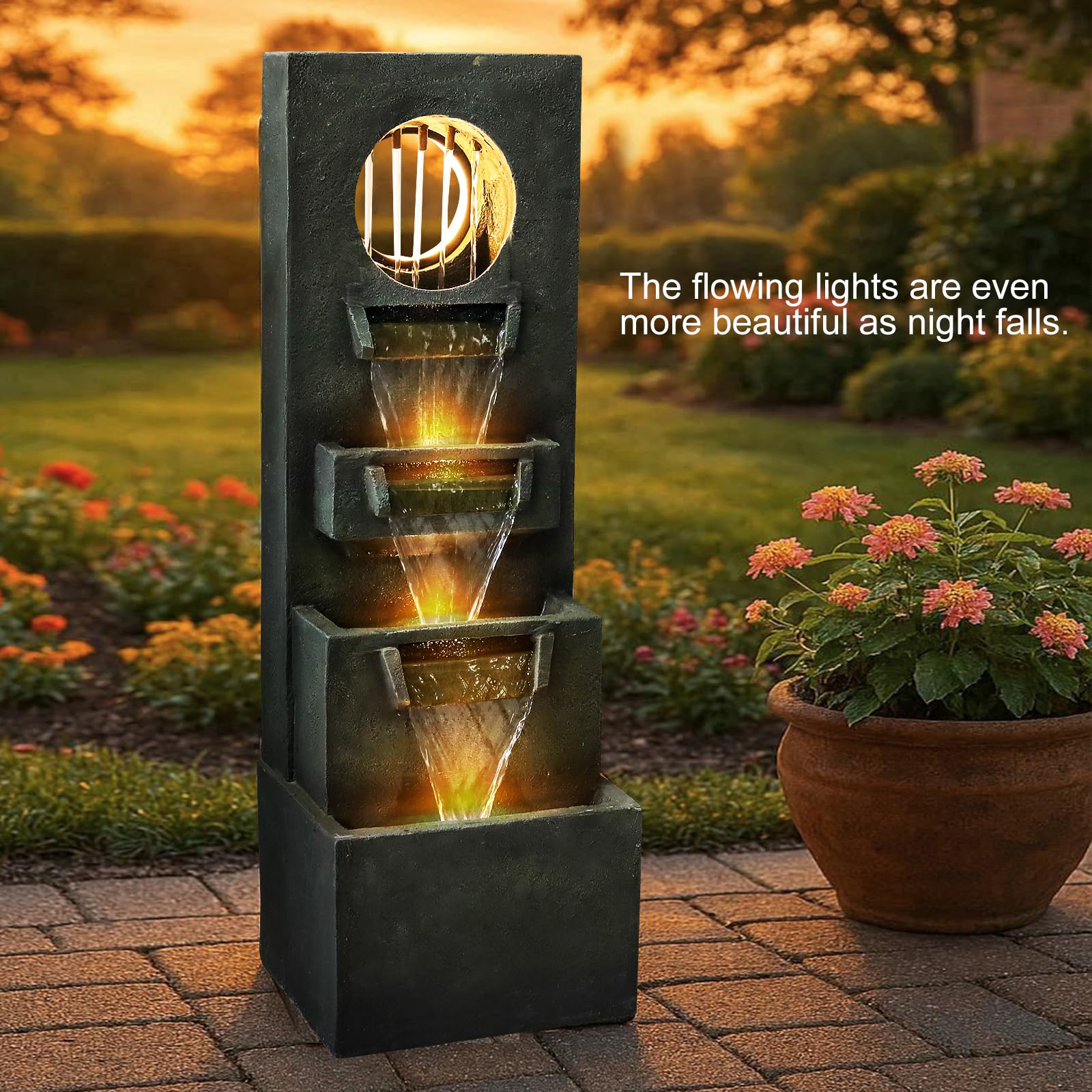 Naturefalls 39.3” Modern Outdoor Fountain - 4-Tiered Outdoor Garden Fountains with Contemporary Design&LED Light for Garden, Patio, Deck, Porch, Backyard and Home Art Decor
