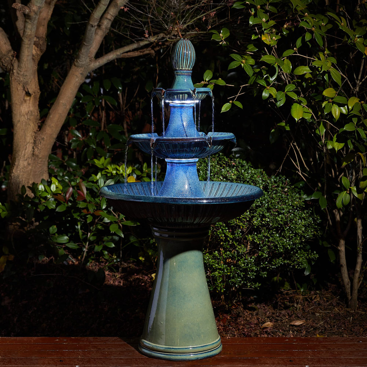 Glitzhome Outdoor Fountain 3 Tier Waterfalls, 45.25" H Ceramic Water Fountain with Pump &amp; LED Light Oversized Indoor Outdoor Floor-Standing Fountains Garden for Patio Backyard Deck Lawn, Turquoise