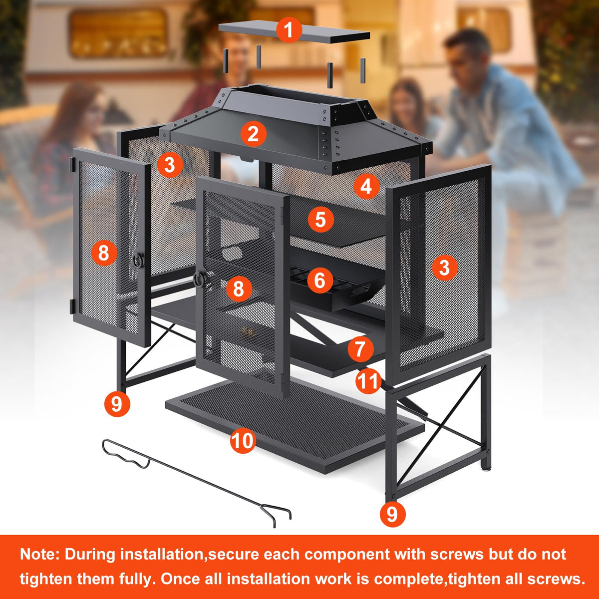 VELUVIA Metal Outdoor Fireplace for Patio - 39" H Square Chiminea Fire Pits Outside Wood Burning with Grill, Mesh Spark Screen & Fire Poker, for Garden, Backyard, Party, Camping, Picnic, BBQ, Bonfire