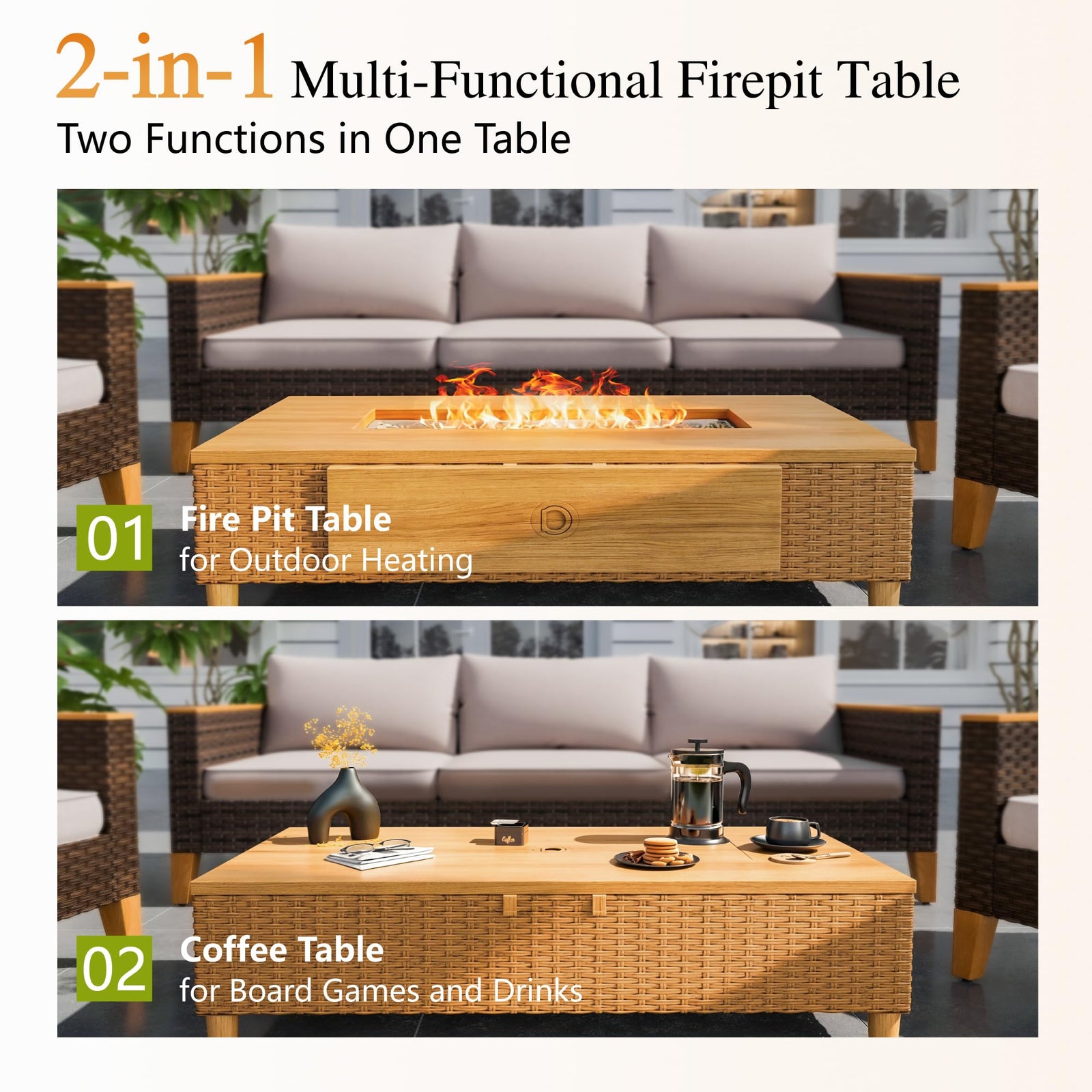 Sophia & William 42 Inch Outdoor Propane Gas Fire Pit Table Patio Rattan 50,000 BTU