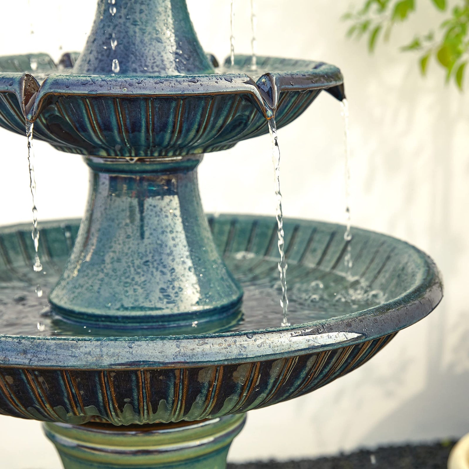 Glitzhome Outdoor Fountain 3 Tier Waterfalls, 45.25" H Ceramic Water Fountain with Pump & LED Light Oversized Indoor Outdoor Floor-Standing Fountains Garden for Patio Backyard Deck Lawn, Turquoise