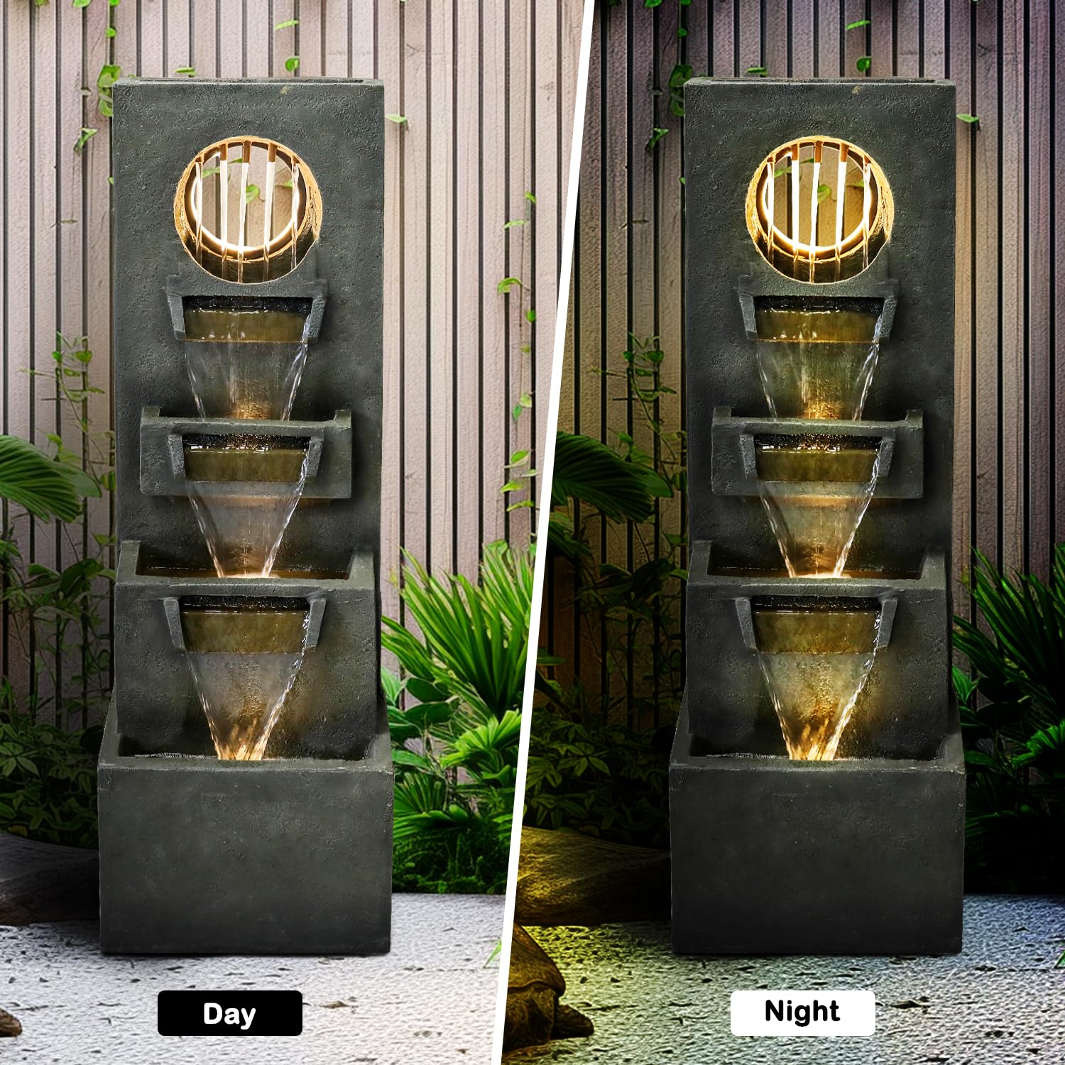 Naturefalls 39.3” Modern Outdoor Fountain - 4-Tiered Outdoor Garden Fountains with Contemporary Design&LED Light for Garden, Patio, Deck, Porch, Backyard and Home Art Decor