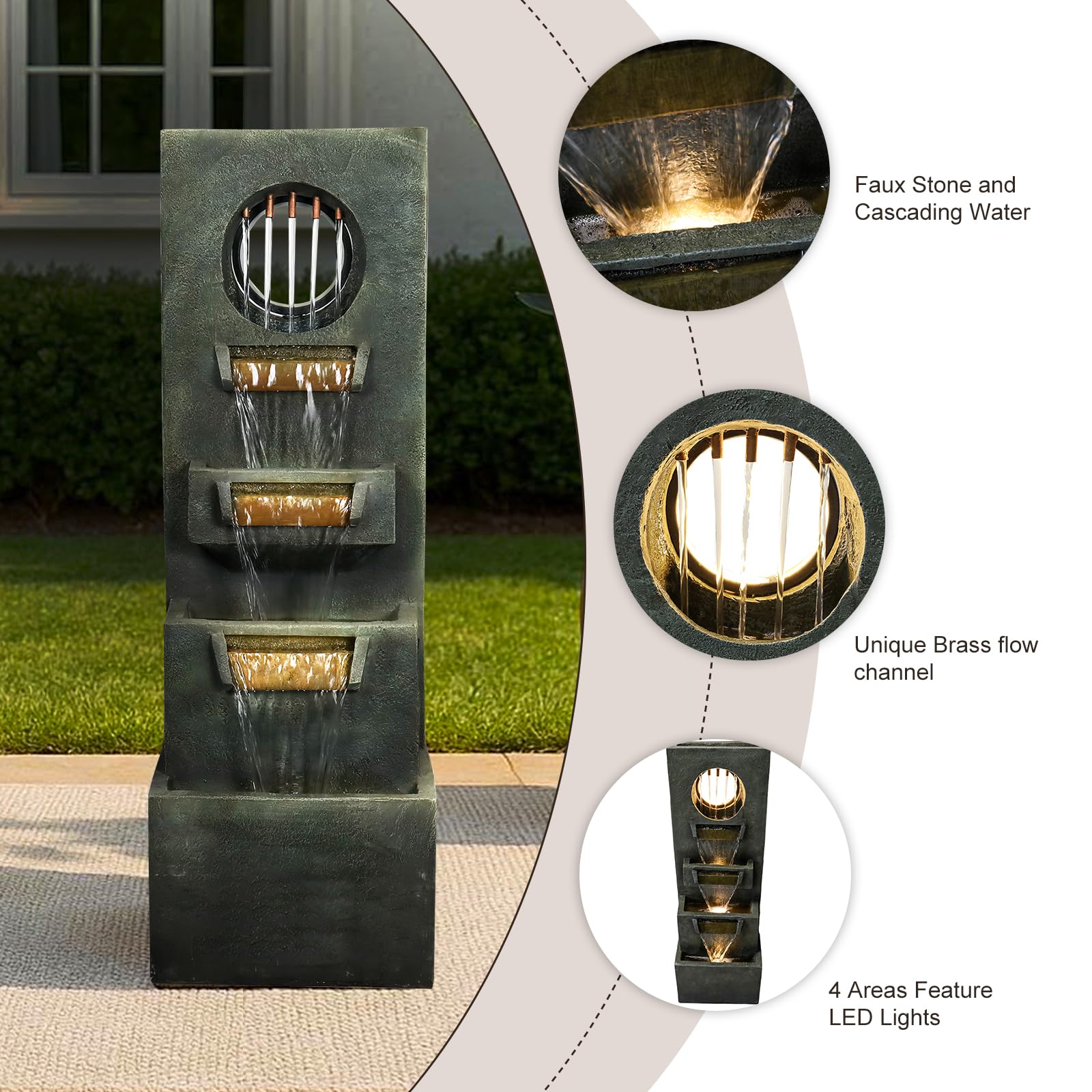 Naturefalls 39.3” Modern Outdoor Fountain - 4-Tiered Outdoor Garden Fountains with Contemporary Design&LED Light for Garden, Patio, Deck, Porch, Backyard and Home Art Decor