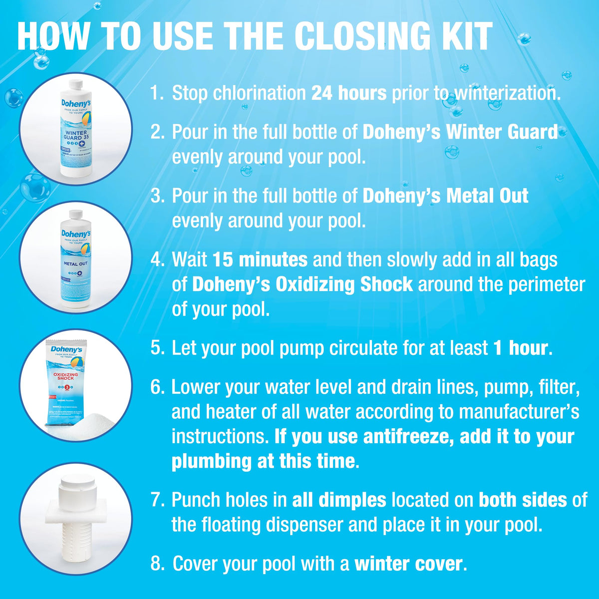 Doheny’s Ultimate Pool Closing Kit, Winterizing Chemicals for Above Ground Pools, Inground Pools, Includes Pool Shock, Algaecide, Stain Preventer, Treats up to 15,000 Gallons