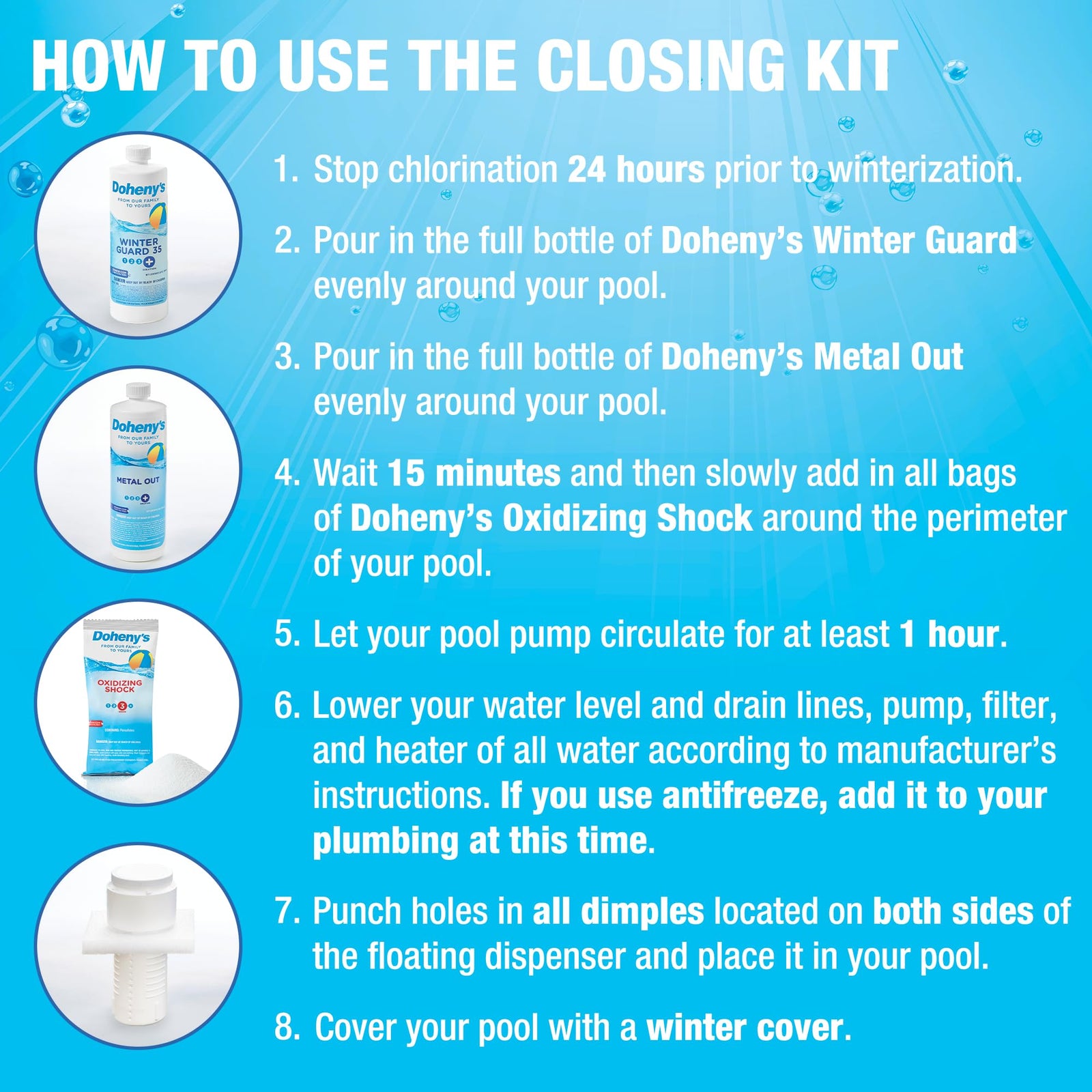 Doheny’s Ultimate Pool Closing Kit, Winterizing Chemicals for Above Ground Pools, Inground Pools, Includes Pool Shock, Algaecide, Stain Preventer, Treats up to 15,000 Gallons