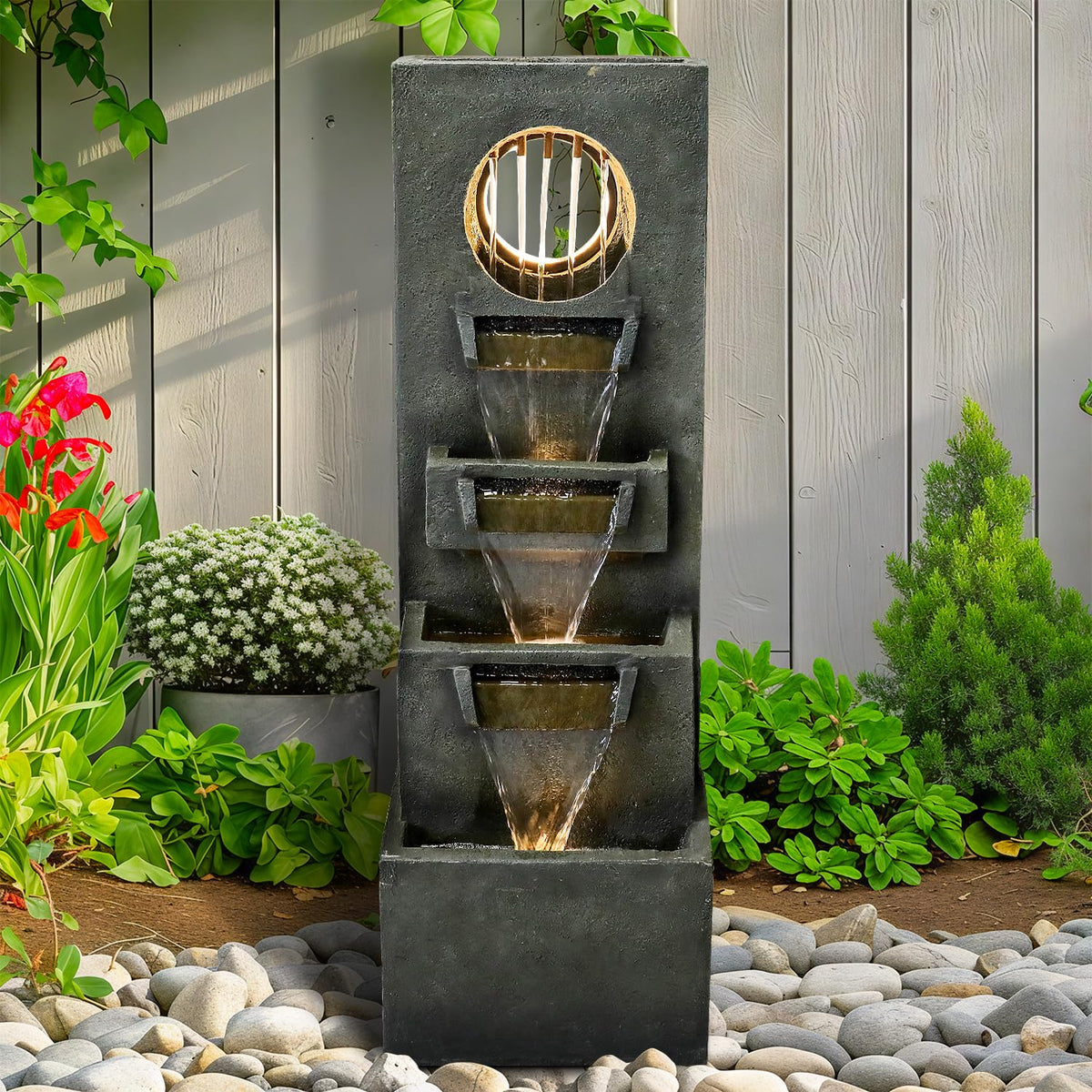 Naturefalls 39.3” Modern Outdoor Fountain - 4-Tiered Outdoor Garden Fountains with Contemporary Design&amp;LED Light for Garden, Patio, Deck, Porch, Backyard and Home Art Decor