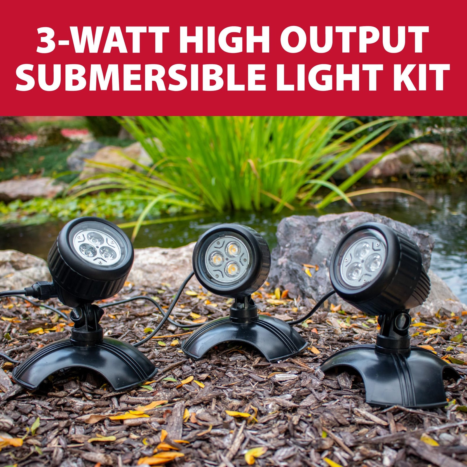 The Pond Guy LEDPro 3-Watt Submersible Lights, Outdoor & Underwater Lighting for Fish Ponds, Water Garden, Fountains, & Waterfall—3-Pack Light Kit
