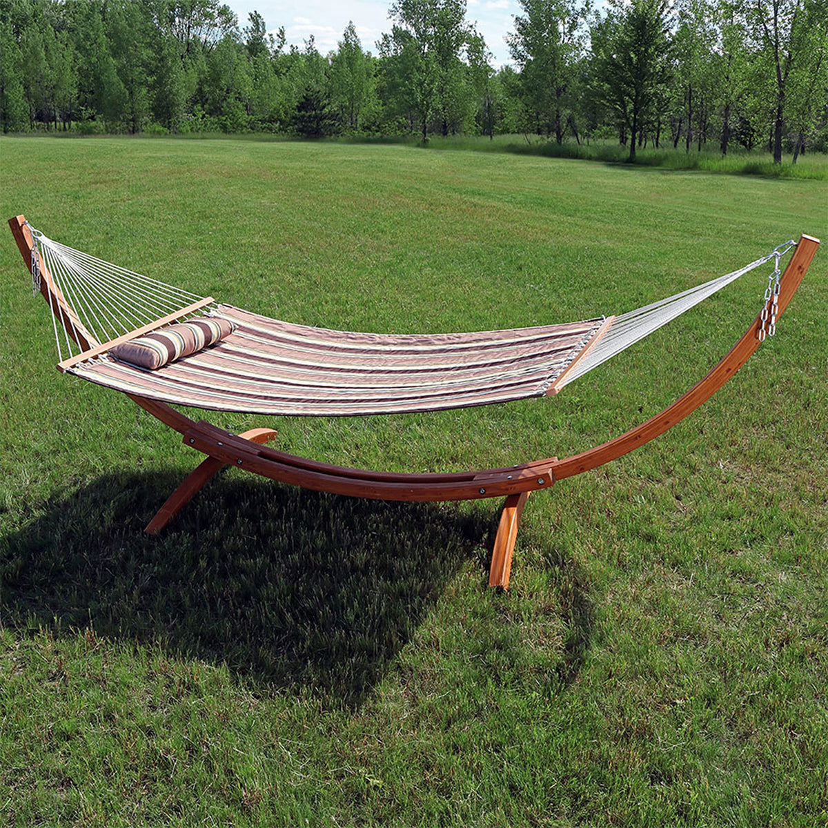 Sunnydaze Double Quilted Fabric Hammock with 12-Foot Curved Arc Wood Stand - 400-Pound Capacity - Sandy Beach