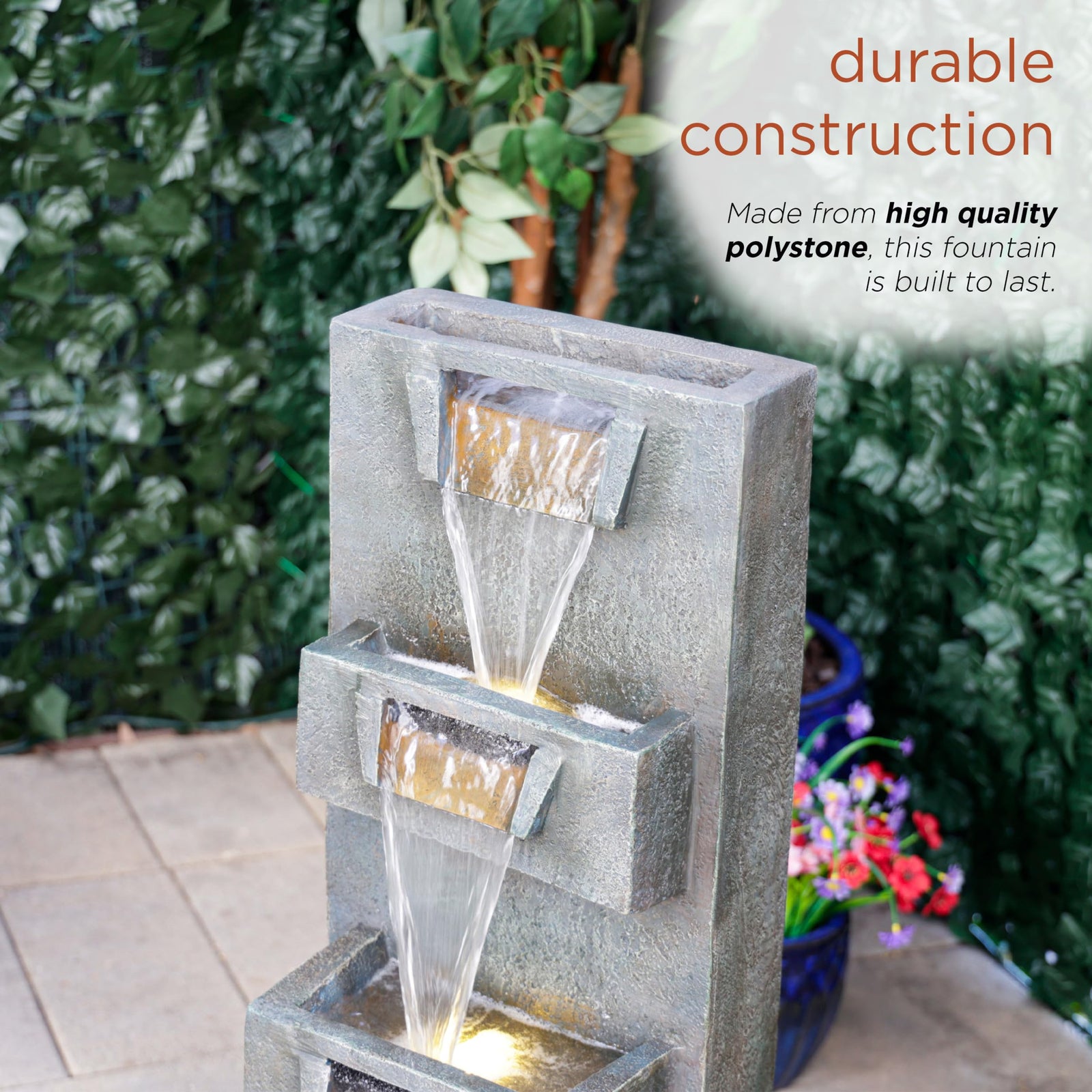 Alpine Corporation 33" 3 Tier Basin Cascading Fountain with LED Lights