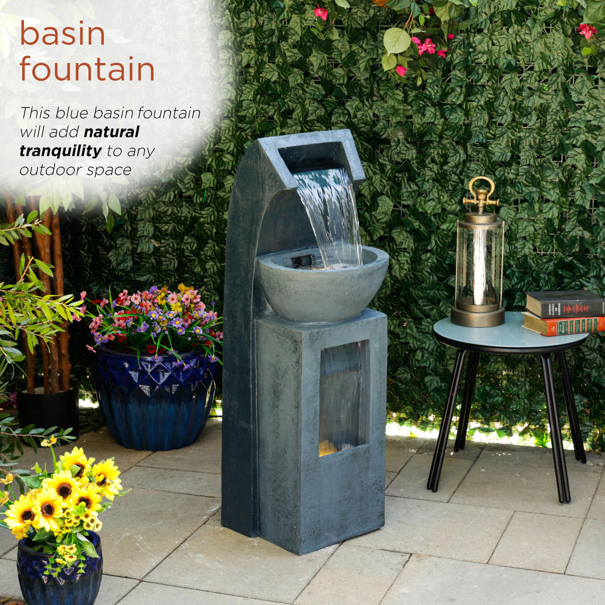 Alpine Corporation 41" Tall Outdoor Basin Waterfall Floor Fountain with LED Lights
