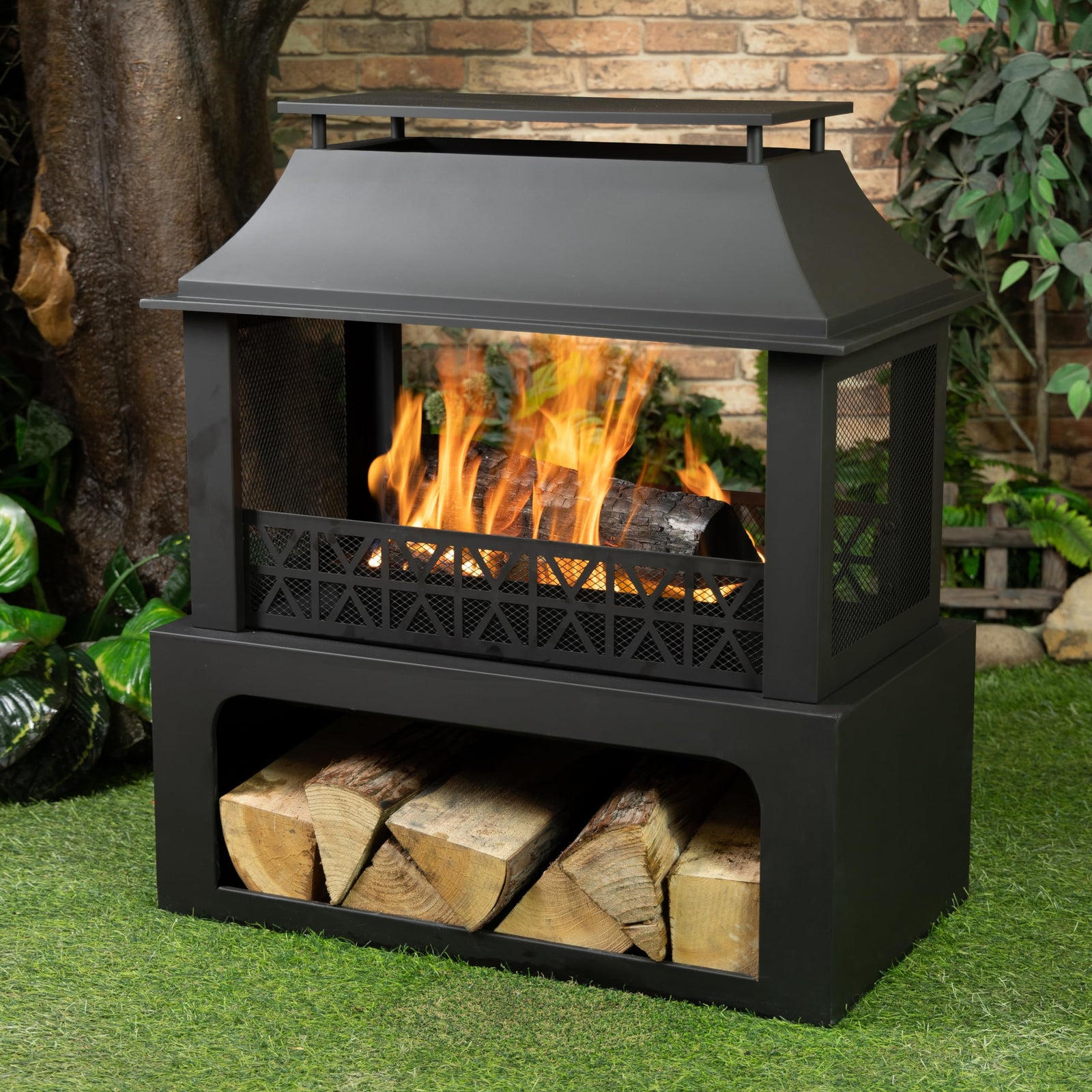 Deko Living 36" Rectangular Steel Outdoor Wood Burning Fireplace - Outdoor Fireplace with Adjustable Cooking Grill & Log Storage Compartment - Camping Fire Place with Safety Screen and Poker