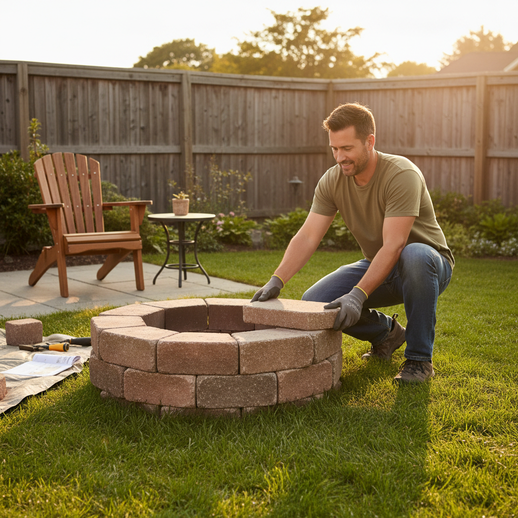 Man building a stone fire pit in a backyard setting.