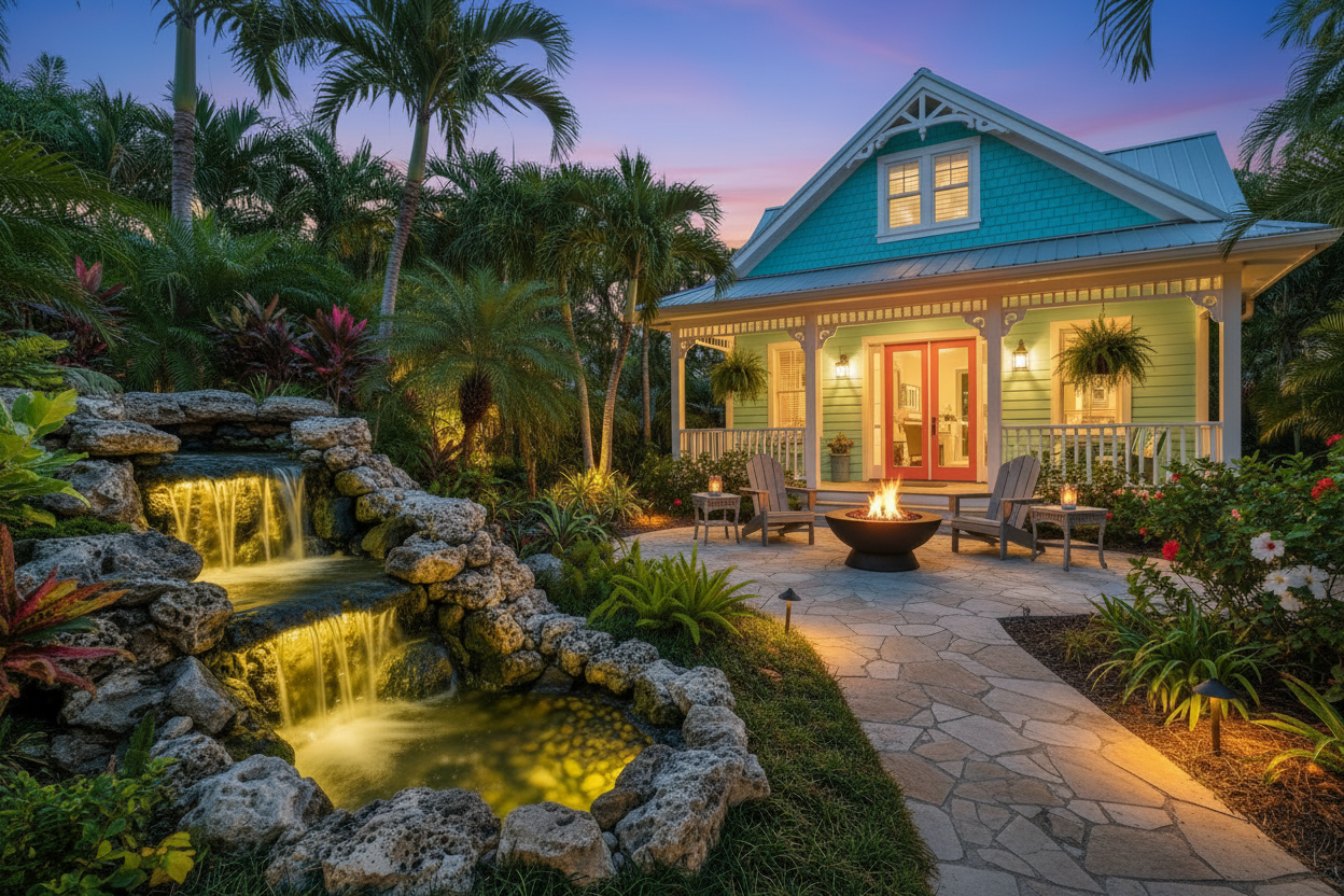 Key West style home with fire pit and seating area with pondless waterfall kit in the foreground.