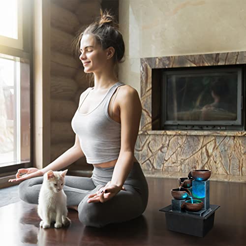 Small indoor Waterfall Fountain-Tabletop Fountain 4 level-Indoor Desktop Fountain with audible calming Waterfall Sounds for Feng Shui effect-cascading LED color Lighting