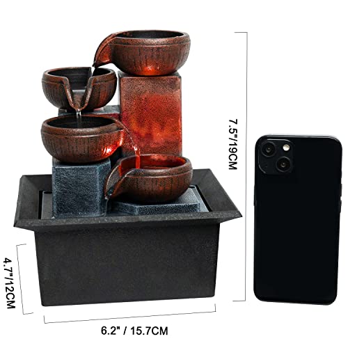 Small indoor Waterfall Fountain-Tabletop Fountain 4 level-Indoor Desktop Fountain with audible calming Waterfall Sounds for Feng Shui effect-cascading LED color Lighting