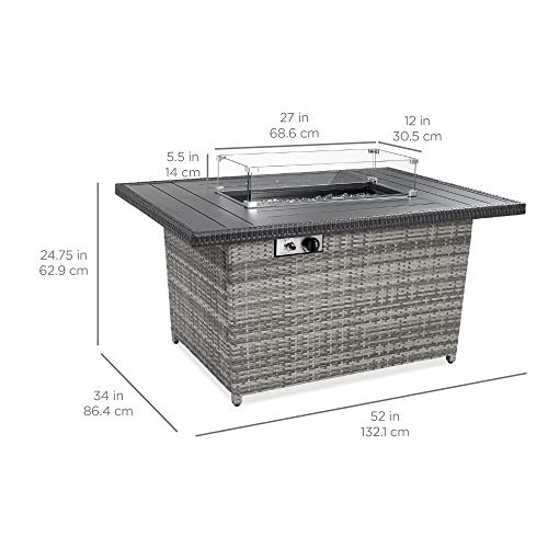 Best Choice Products 52in Gas Fire Pit Table, 50,000 BTU Outdoor Wicker Patio Propane Firepit w/Aluminum Tabletop, Glass Wind Guard, Clear Glass Rocks, Cover, Hideaway Tank Holder, Lid - Gray