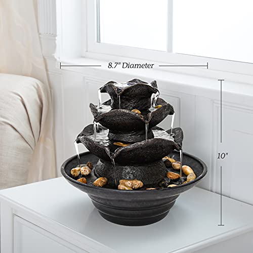 AOC 3 Tier Indoor Water Fountain with LED Lights Tabletop Fountain, Relaxation Tabletop Fountain, Mini Desktop Water Fountain for Living Room Bedroom (Includes Natural River Rocks)