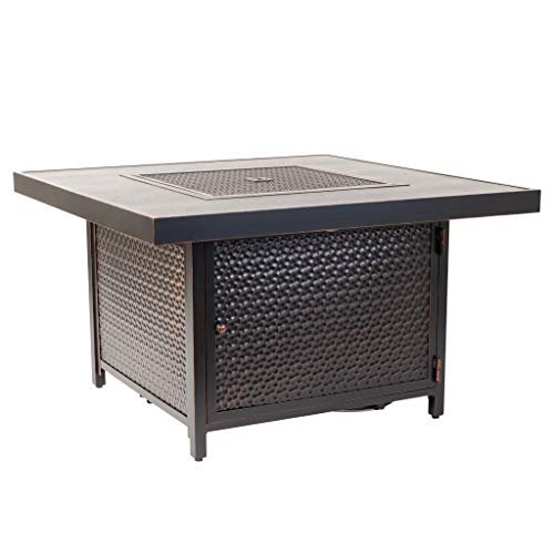 Fire Sense Weyland Square Aluminum LPG Fire Pit Table | Antique Bronze Finish | 50,000 BTU Output | Uses 20 Pound Propane Tank | Fire Bowl Lid, Vinyl Weather Cover, and Clear Fire Glass Included |