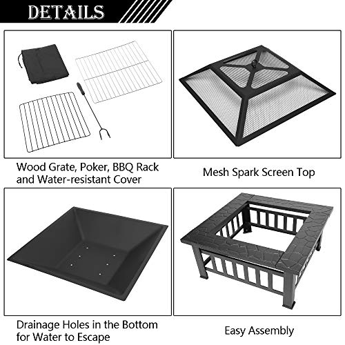Bonnlo Outdoor Portable Fire Pit 32" with Barbecue/Cooking Grill, Poker and Rain Cover Square Metal 3 in 1 Wood Burning Fire Pit Backyard Patio Terrace