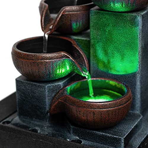 Small indoor Waterfall Fountain-Tabletop Fountain 4 level-Indoor Desktop Fountain with audible calming Waterfall Sounds for Feng Shui effect-cascading LED color Lighting