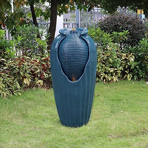 Teamson Home Outdoor Glazed Vase Floor Water Jar Fountain with LED Lights for Garden Patio and Deck, Blue, 14.96 x 14.57 x 31.89